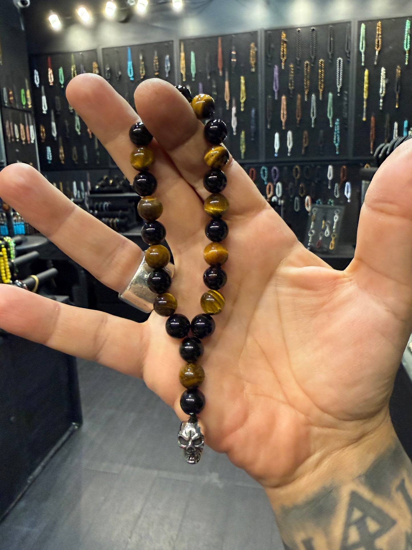 Onyx & Tigers Eye & Stainless Steel Skull Worry Beads