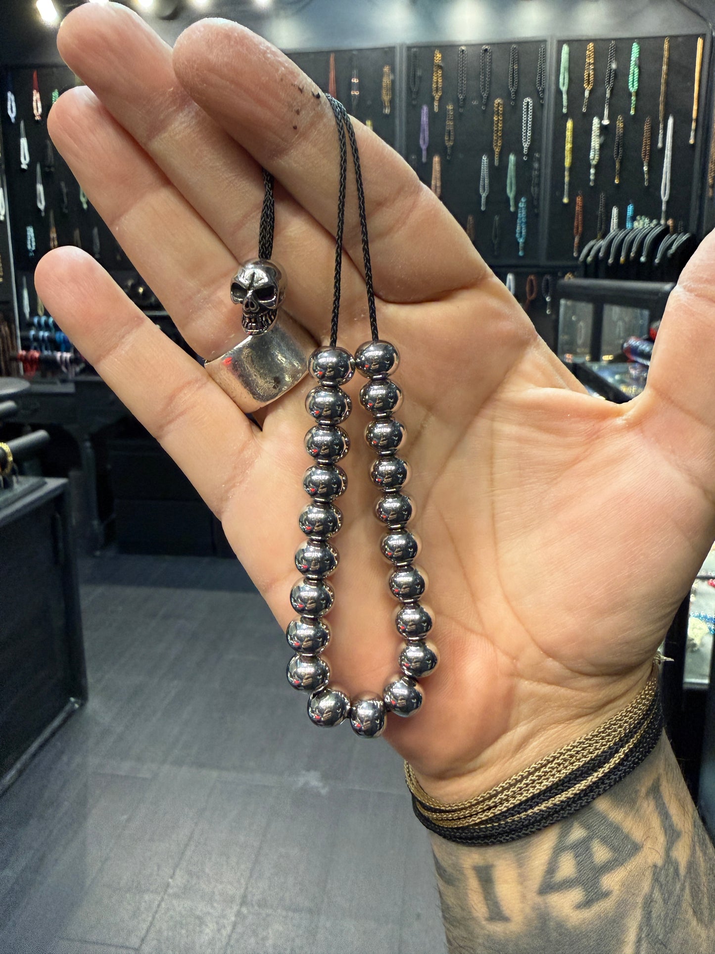 Stainless Steel 21 Bead Komboloi w/Stainless Steel Skull