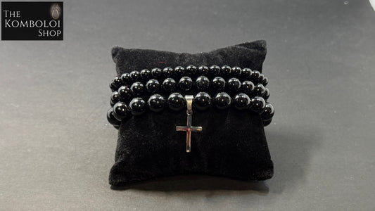 Onyx Triple Bracelet Stack w/Stainless Steel Cross
