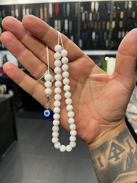 White Jade with Evil Eye 33 Bead Komboloi / Worry Beads