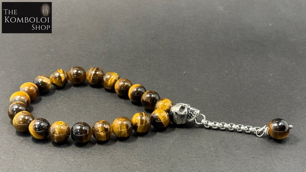 Tigers Eye Worry Beads with Stainless Steel Skull