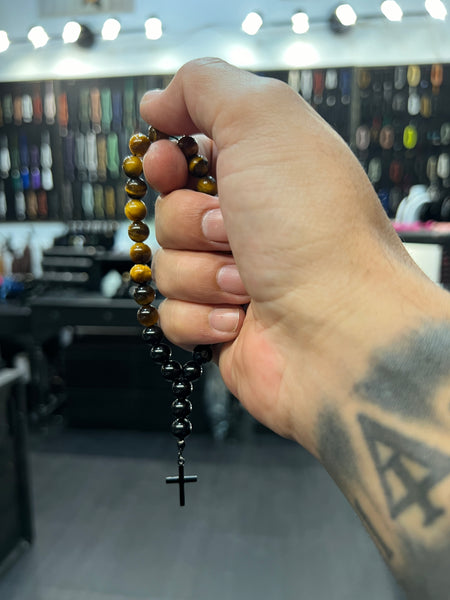 Tigers Eye & Onyx Worry Beads with Stainless Steel Cross