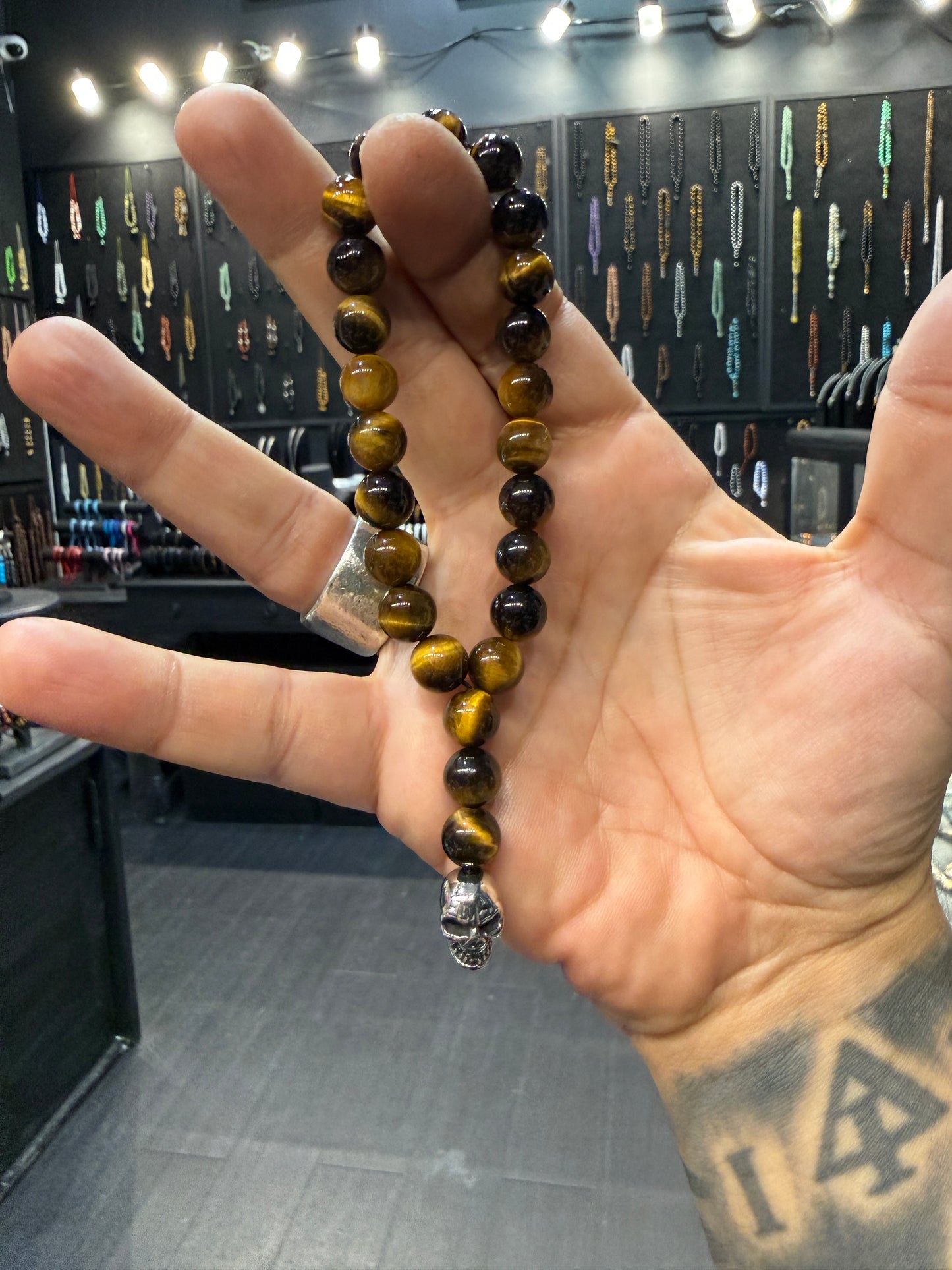 Tigers Eye & Stainless Steel Skull Worry Beads