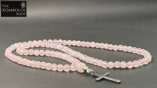 Rose Quartz 100 Bead Orthodox Prayer Beads with Stainless Steel Cross