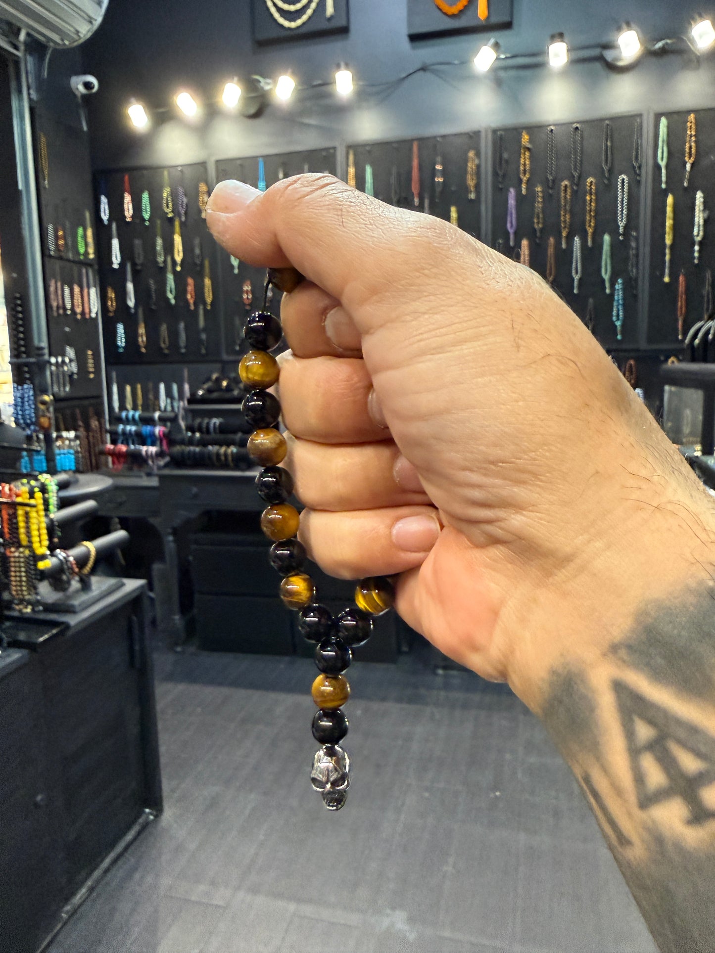 Onyx & Tigers Eye & Stainless Steel Skull Worry Beads