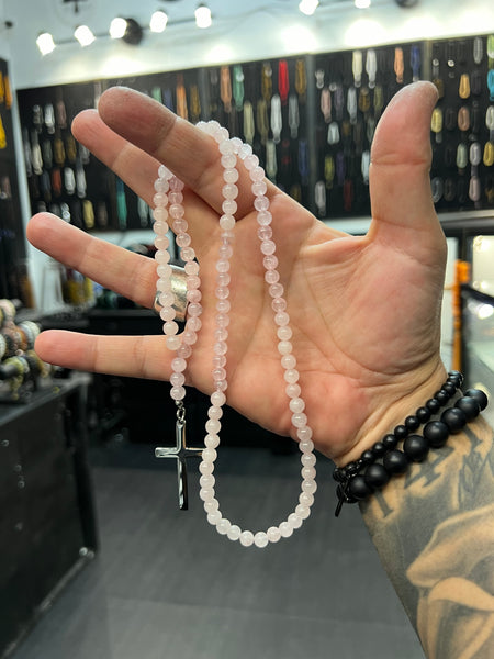Rose Quartz 100 Bead Orthodox Prayer Beads with Stainless Steel Cross
