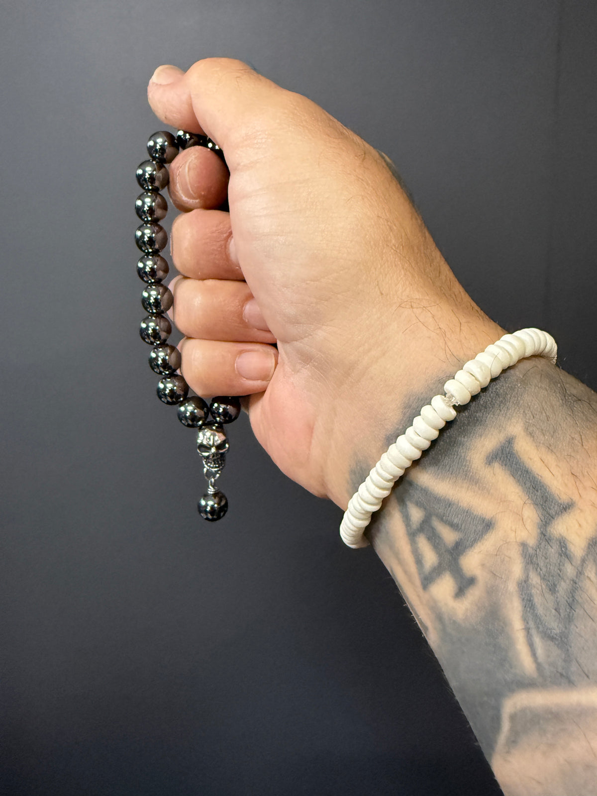 Hematite Worry Beads with Stainless Steel Skull