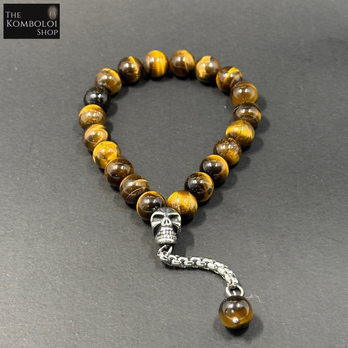 Tigers Eye Worry Beads with Stainless Steel Skull