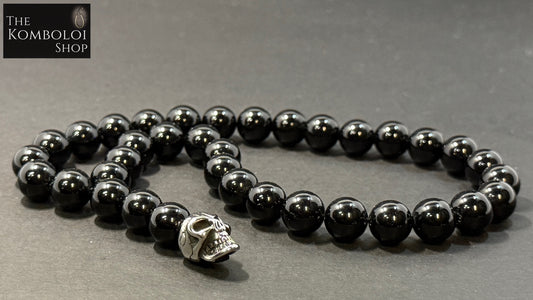 Obsidian and Stainless Steel Skull 33 Bead Worry Beads