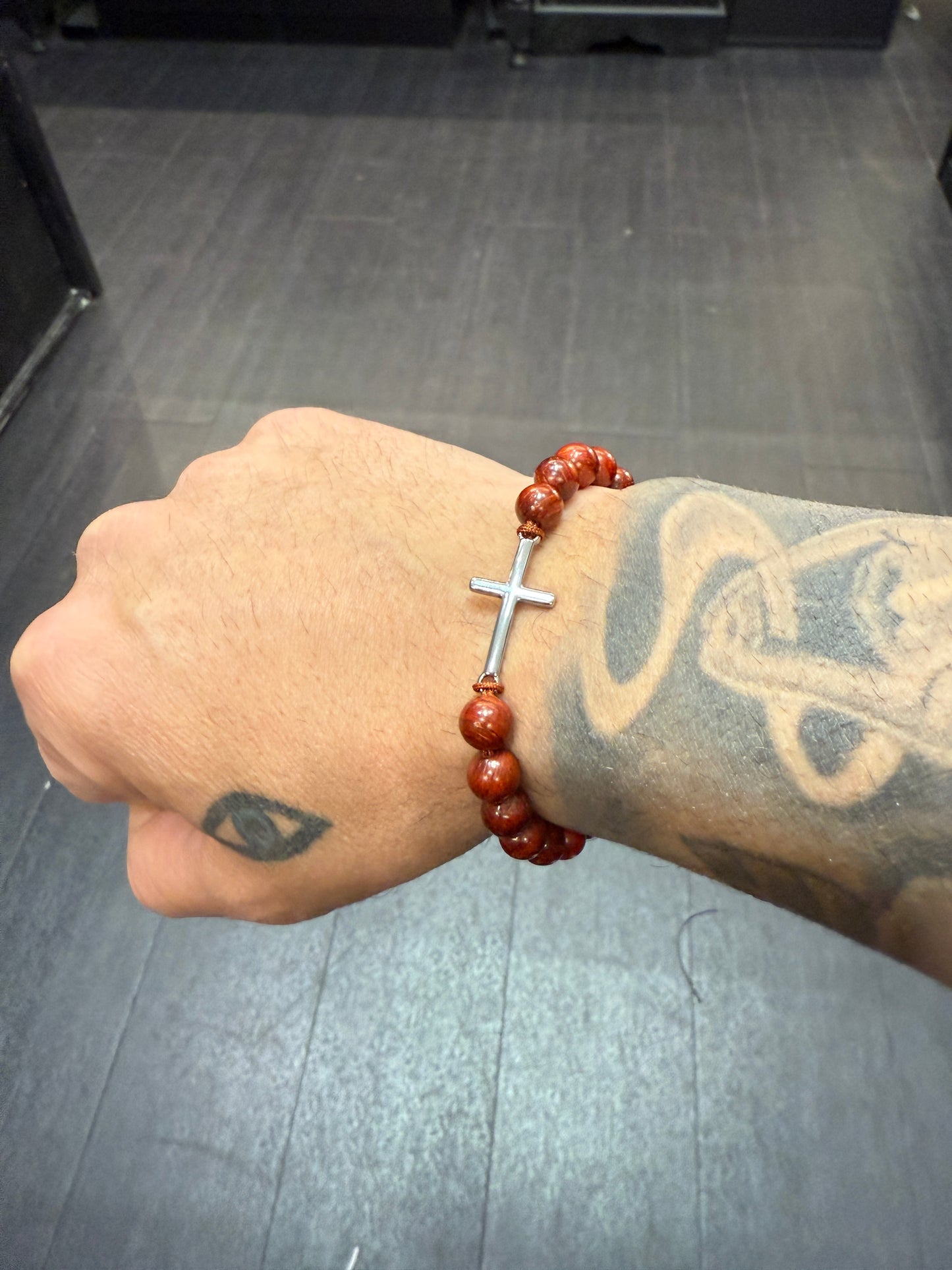 Rosewood & Stainless Steel Cross Protection Bracelet
