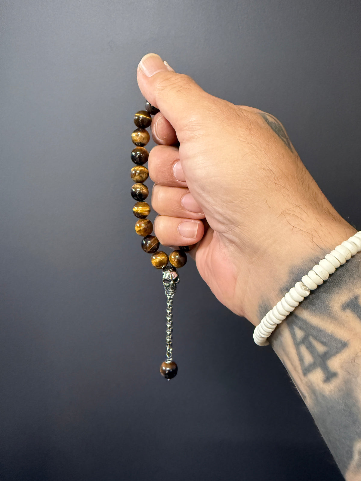 Tigers Eye Worry Beads with Stainless Steel Skull