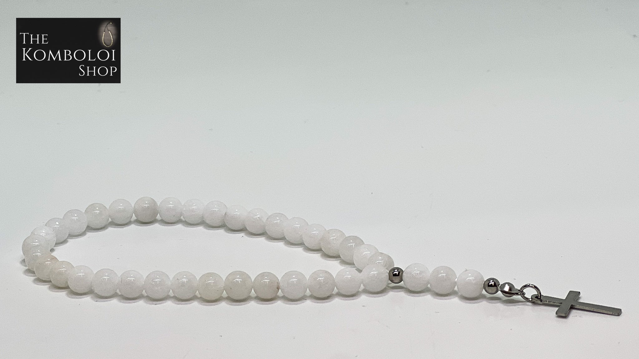 White Jade Mini Worry Beads w/Stainless Steel Cross