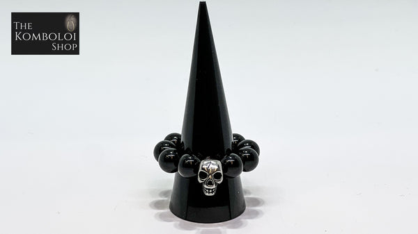 Onyx Worry Bead Ring / Anxiety Ring MK2 with Stainless Steel Skull