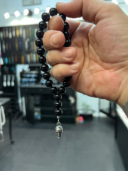 Onyx Worry Beads with Stainless Steel Skull