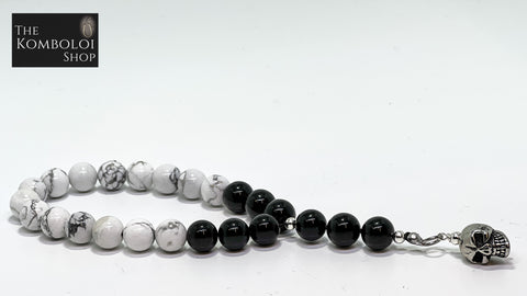 Howlite & Obsidian Worry Beads with Stainless Steel Skull