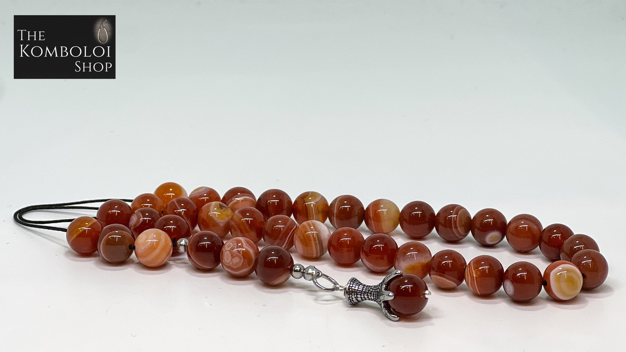 Striped Agate 33 Bead Komboloi / Worry Beads with Stainless Steel Claw