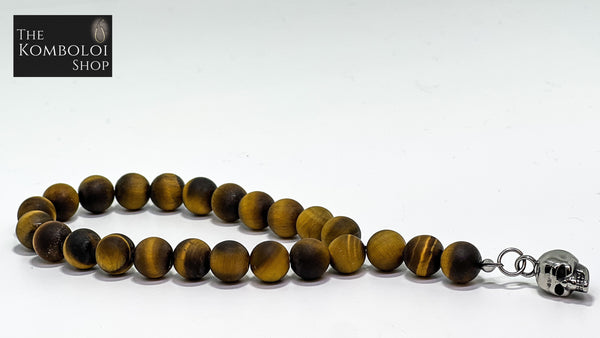 Matte Tigers Eye Worry Beads with Stainless Steel Skull