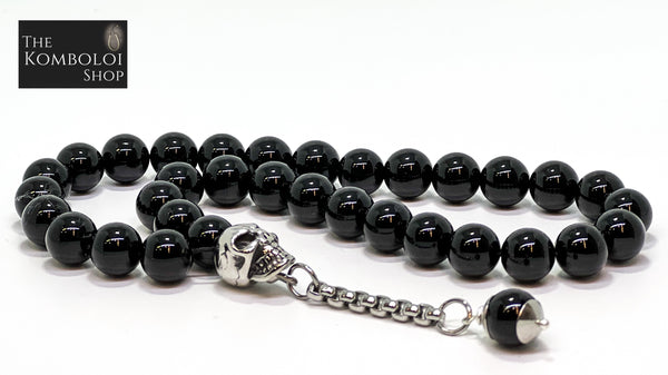 Onyx 33 Bead Worry Beads with Stainless Steel Skull
