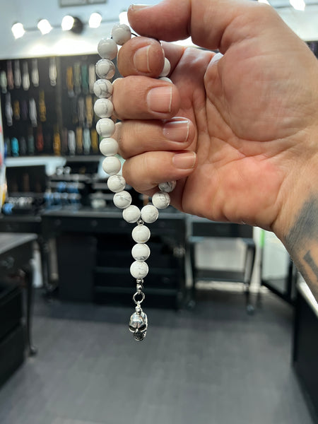 Howlite Worry Beads with Stainless Steel Skull