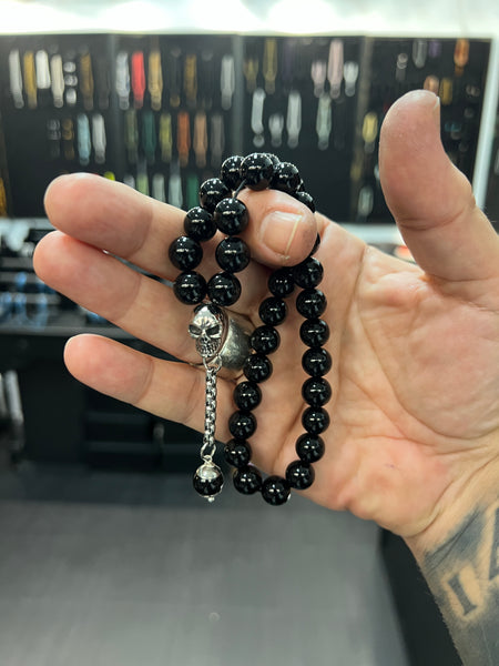Onyx 33 Bead Worry Beads with Stainless Steel Skull