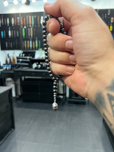 Hematite Mini Worry Beads w/Sterling Silver Plated Skull