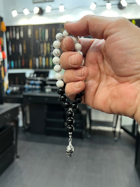 Howlite & Obsidian Worry Beads with Stainless Steel Skull