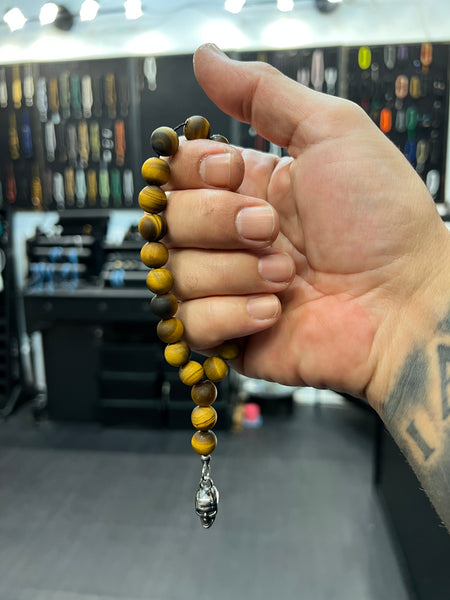 Matte Tigers Eye Worry Beads with Stainless Steel Skull