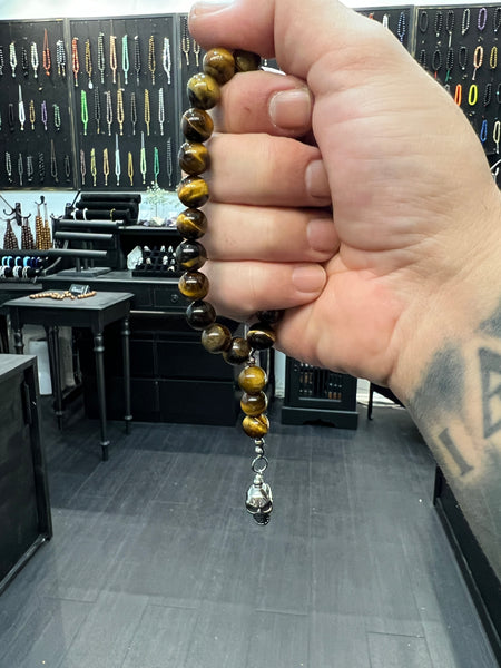 Tigers Eye Worry Beads with Stainless Steel Skull