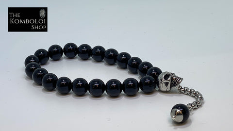 Obsidian Worry Beads with Stainless Steel Skull
