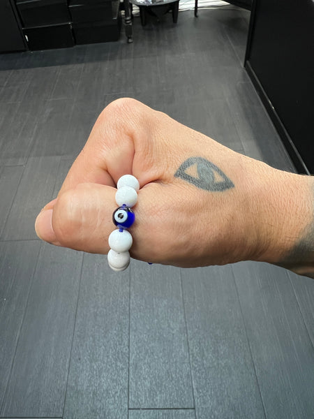 White Jade with Evil Eye Worry Bead / Anxiety Ring