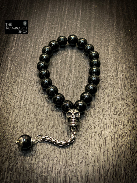 Obsidian Worry Beads with Stainless Steel Skull